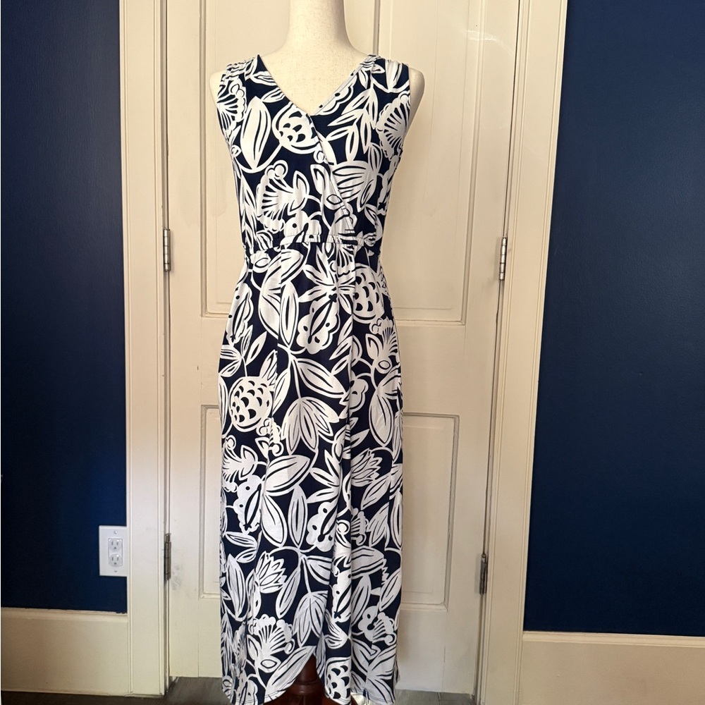 Talbots Navy and White Maxi Dress Sleeveless V-Neck Resort Wear Petite Sm